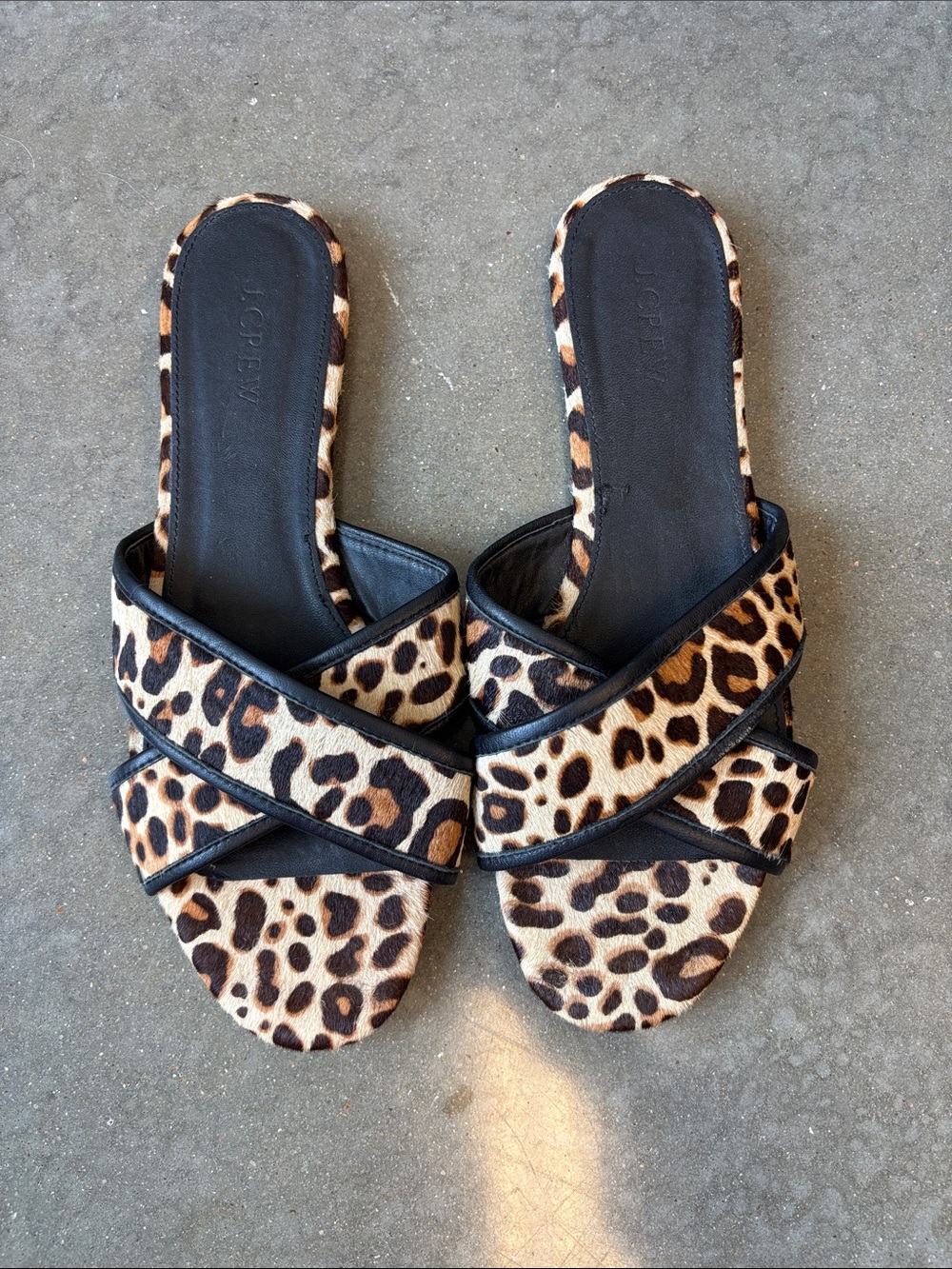 J. Crew Leopard-Print Cross-Strap Slide Sandals - Black and Brown